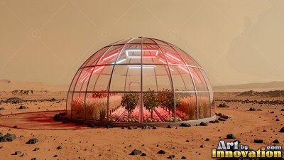 A glass greenhouse dome grows green plants under pink lights on the red desert sand