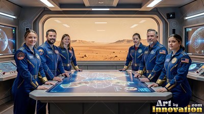 Inside a Mars control room, six astronauts in blue flight suits stand around a map table