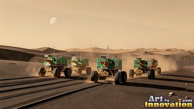 Driving across sandy desert ground, green robotic rovers stir up dust on Mars