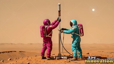 Two astronauts in pink and blue suits set up an antenna