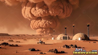 A small white rover races past base domes as a huge dust cloud rises behind it
