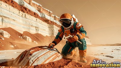 An astronaut in an orange suit inspects a striped rock under pale butterscotch light
