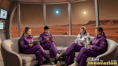 Seated together on a curved couch, astronauts relax before a large Mars window view