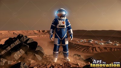 On a red Martian ridge, an astronaut in a blue spacesuit stands above a dome base
