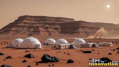 Sitting on a red plain, white habitat domes cluster before a rocky ridge