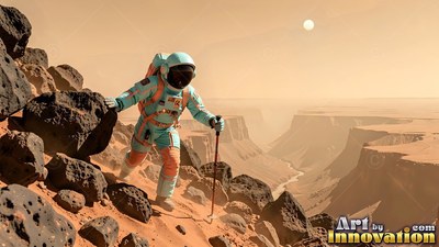 An astronaut in a blue suit walks down a rocky red Martian slope