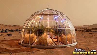 Framed in white curved ribs, a glass dome filled with crops sits on the red desert plain of Mars