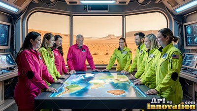 Astronauts gather around a lit table map inside a station facing the red desert