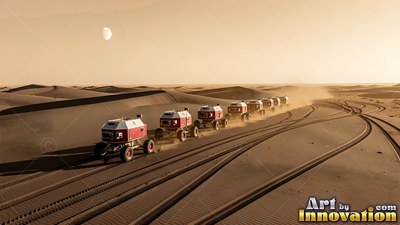 Angled in a long line, rovers drive across sand dunes under a hazy sky