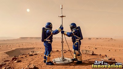 Two astronauts in blue suits plant an antenna on a rocky red plain under a pale sun