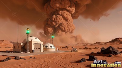 On a red Martian desert, a dust storm towers over a small white research base