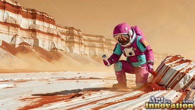 Kneeling on a white plain, an astronaut in a purple spacesuit examines rock strata