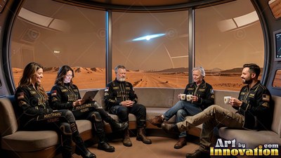 Astronauts in dark uniforms relax inside a lounge facing Mars dunes