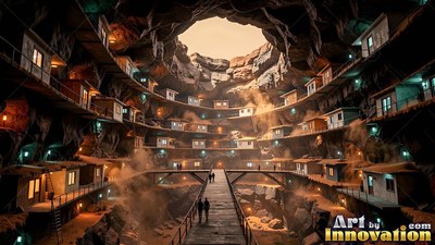 Tiny lighted windows line a subterranean city built in tiers inside a cavern crater under a dusty sky