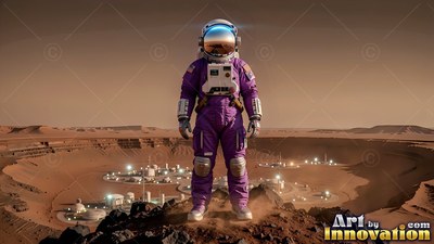 An astronaut stands above a crater base under a pale orange sky