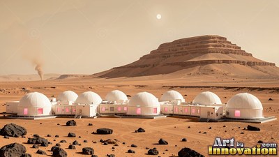 Facing forward on a red plain, connected white habitat domes sit below a stepped mesa