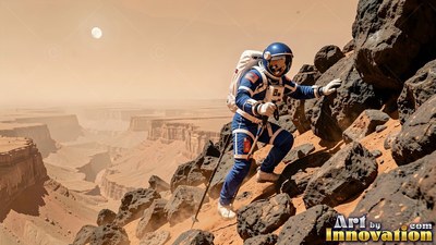 An astronaut in a blue and white suit climbs up dark rocks above a canyon
