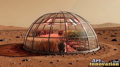 On a barren red plain, a glass greenhouse dome shelters green plants under heat lamps