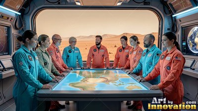 Gathered around a map table, astronauts in jumpsuits meet before a window to Mars