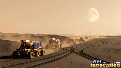 A convoy of rovers drives across dusty desert sand under a large moon