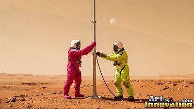 Pink and yellow spacesuits worn by two astronauts erecting a pole on dusty red Mars ground