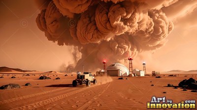 A rover drives toward white base domes as a giant dust storm rises under orange sky