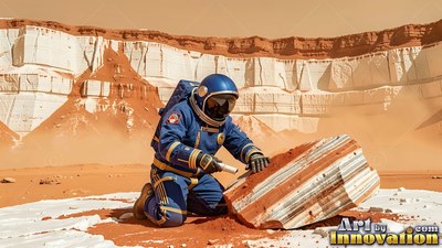 Kneeling on red sand, an astronaut in a blue suit inspects a striped rock