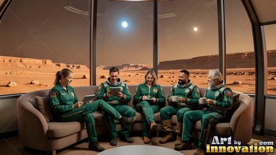 Five astronauts sit on a curved couch by a window overlooking Mars