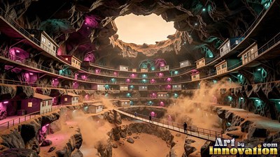 Inside a round cavern city, people walk across a metal bridge between tiered houses