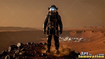 Standing on a red rocky ridge, an astronaut looks over a distant Mars base