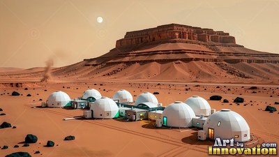 White dome habitats on a red desert plain near a mesa