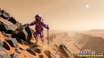 A purple spacesuit on a hiker climbing down dark rocks into a vast Martian canyon