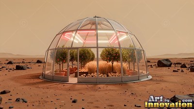 A glass greenhouse dome sits on the red dirt under bright indoor pink lamps