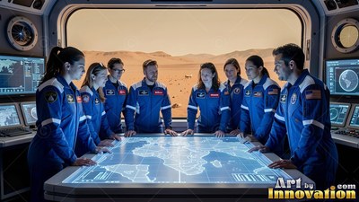 Gathered around a lit map table, astronauts in blue suits stand inside a Mars habitat window