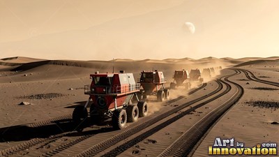 A line of red rovers drives across sand dunes under a pale sky
