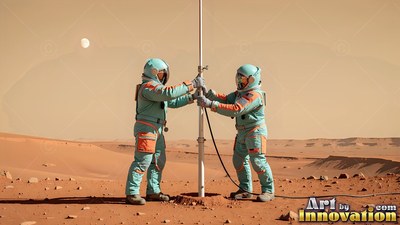 On a dusty red plain, two astronauts in teal spacesuits assemble a tall pole