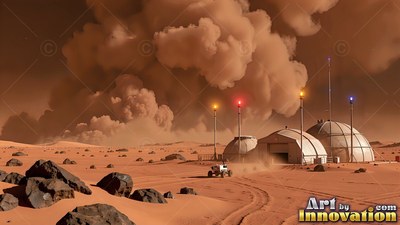 Approaching white habitat domes, a small rover drives before a huge dust storm