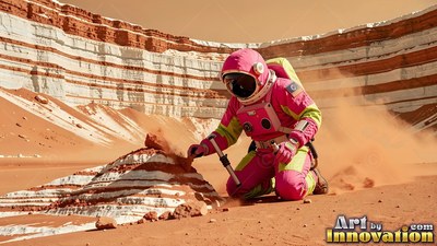 An astronaut in a bright pink suit kneels in the red sand