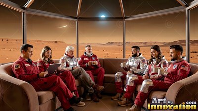 Wearing red flight suits, astronauts relax on a curved couch in a glass dome facing Mars