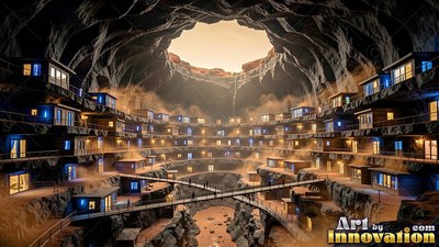 A subterranean colony fills a rocky cavern beneath warm yellow skylight