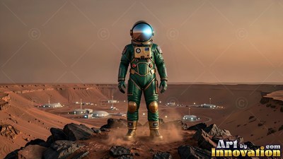 Standing front and center on red rocks, an astronaut overlooks a Mars outpost