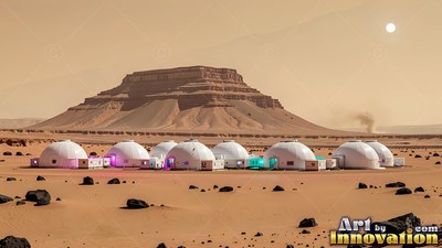 A row of white domes sits on red sand in front of a flat mesa under a dusty sky