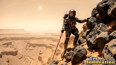 On a rocky desert cliff, an astronaut in a dark spacesuit climbs near a canyon