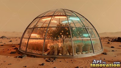 Sheltering green crops, a glass greenhouse dome sits on the red Martian sand