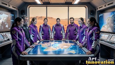 Astronauts in purple suits stand around a digital map table on Mars