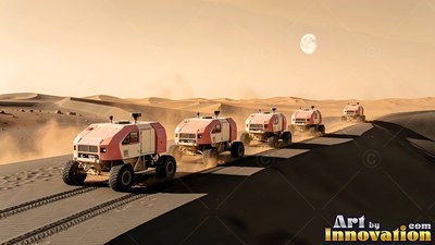 Boxy pink rovers on thick tires roll across a dusty desert under a hazy yellow sky