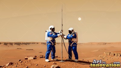 Two astronauts plant a tall pole on a red hill under a pale butterscotch sky