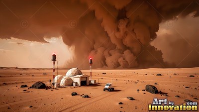 Viewed from above, white habitat domes sit on red sand before a tall dust storm