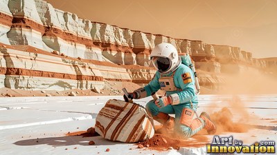 An astronaut kneels by striped cliffs to chip at a banded rock