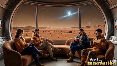 Inside a Mars base lounge, four astronauts sit on a curved couch by a large window